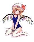 bad_id bad_pixiv_id blonde_hair collar flandre_scarlet hat inanosuke one-piece_swimsuit ponytail red_eyes school_swimsuit short_hair side_ponytail sitting solo swimsuit thighhighs touhou wariza wings 