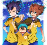  akishima_kei arms_up bad_id bad_pixiv_id blue_eyes blue_hair brown_hair closed_eyes confetti headband inazuma_eleven_(series) inazuma_eleven_go matsukaze_tenma multiple_boys nishizono_shinsuke open_mouth short_hair soccer_uniform sportswear tsurugi_kyousuke yellow_eyes 