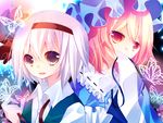  bad_id bad_pixiv_id blue_dress bug butterfly covering_mouth dress hair_ribbon hat insect konpaku_youmu kusada_souta multiple_girls open_mouth pink_eyes pink_hair purple_eyes ribbon saigyouji_yuyuko shirt short_hair silver_hair touhou 