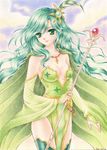  bad_id bad_pixiv_id breasts bridal_gauntlets cape cleavage detached_sleeves final_fantasy final_fantasy_iv green_eyes green_hair hair_ornament long_hair medium_breasts rydia solo staff traditional_media yukiou 