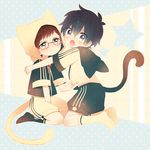  animal_ears animal_hood ao_no_exorcist bad_id bad_pixiv_id blush brothers cat_ears cat_hood cat_tail child fang full_body glasses hood male_focus multiple_boys okumura_rin okumura_yukio open_mouth shorts siblings socks tail tayako tears wavy_mouth younger 