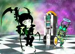  1girl black_rock_shooter cellphone chibi crossover dead_master halo holding holding_scythe horns hououji_arashi kamen_rider kamen_rider_ooo_(series) phone ridevendor scythe uva vending_machine 