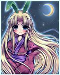  absurdres animal_ears blonde_hair blue_eyes blush bunny_ears crescent_moon highres japanese_clothes kaguya_(ookami) kimono long_hair midna01 moon night night_sky ookami_(game) outline signature sky smile solo standing star star_(sky) starry_moon starry_sky very_long_hair 