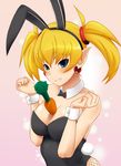  animal_ears arcana_heart between_breasts blonde_hair blue_eyes blush breasts bunny_ears bunny_tail bunnysuit carrot cleavage detached_collar earrings fang fishnet_pantyhose fishnets jewelry lilica_felchenerow long_hair medium_breasts pantyhose pointy_ears solo tail tomatto_(@ma!) twintails wrist_cuffs 