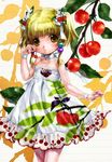  :o bangs bare_arms bare_shoulders blonde_hair blush bow cherry cherry_hair_ornament cherry_print child dress eyebrows_visible_through_hair flower food food_print food_themed_hair_ornament fruit hair_flower hair_ornament hair_ribbon highres holding holding_food irui_guneden looking_at_viewer nakamura_kanko parted_lips print_dress ribbon short_hair short_twintails solo strapless strapless_dress super_robot_wars twintails white_bow white_dress white_ribbon wrist_cuffs yellow_eyes 