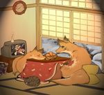  canine cat clock feline feral flower fox fur group kayoichi looking_at_viewer mammal orange orange_(fruit) orange_fur pillow sitting sleeping table tail 