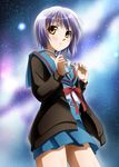  bad_id bad_pixiv_id bangs brown_eyes cardigan eyewear_removed glasses grey_hair highres holding holding_eyewear kita_high_school_uniform nagato_yuki school_uniform serafuku short_hair solo space sumeragi_tomo suzumiya_haruhi_no_yuuutsu 