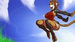  alizee armband breasts brown_hair clothed clothing collar dalehan female hair jumping looking_at_viewer mammal monkey nipples primate short_hair simple_background skimpy solo tail undetailed_background wallpaper 