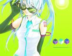  adjusting_eyewear aqua_eyes aqua_hair elbow_gloves gloves green_background hatsune_miku keepout long_hair solo sunglasses vocaloid 