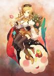  blonde_hair boots charlotte_(madoka_magica) detached_sleeves doughnut drill_hair fingerless_gloves food gloves h2so4 hair_ornament hat magical_girl mahou_shoujo_madoka_magica skirt tea thighhighs tomoe_mami twin_drills twintails yellow_eyes 