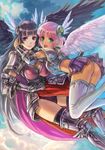  :d angel_wings armor ass black_hair black_legwear black_wings blush breasts cape cleavage cloud docoi earrings fantasy feathers flying gauntlets greaves green_eyes hair_feathers hug jewelry large_breasts long_hair midriff multiple_girls open_mouth original panties pantyshot pauldrons pink_hair purple_eyes red_eyes short_hair skirt sky smile thighhighs underwear vambraces white_legwear white_wings wings 