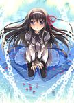  akemi_homura bad_id bad_pixiv_id black_hair black_legwear blue_eyes blush boots chain feathers hair_ribbon long_hair looking_up magical_girl mahou_shoujo_madoka_magica pantyhose petals purple_eyes ribbon sitting skirt solo sousouman submerged v_arms wariza water wet wet_clothes 