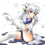  animal_ears ball blush dripping hair_ornament highres leg_up necktie off_shoulder one-piece_swimsuit open_clothes open_shirt original outstretched_leg pink_eyes radiation_symbol red_star_(toranecomet) school_swimsuit shirt silver_hair sitting solo swimsuit tail thighhighs thighhighs_pull tie_clip twintails uranium white_legwear wolf_ears wolf_tail 