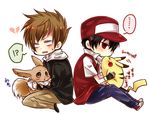 !? ... 2boys eevee multiple_boys ookido_green pikachu pokemon red_(pokemon) simple_background sitting translation_request 