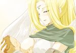  1girl baby blonde_hair blue_eyes blush breast_feeding breast_slip breasts breasts_outside bust circlet ears fingernails higashitaishi large_breasts long_fingernails long_hair looking_down one_breast_out parted_lips shirt simple_background upper_body urutori utawareru_mono utawarerumono white_background white_wings wings 