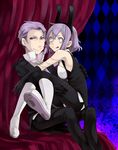  1boy 1girl :q bad_id bad_pixiv_id bare_shoulders devil_survivor_2 earrings elbow_gloves gloves jewelry megami_ibunroku_devil_survivor purple_eyes purple_hair sekito tiko tongue tongue_out tycho 