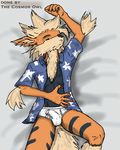  arcanine briefs bulge canine chest_tuft clothing fur hand_on_chest lying male mammal nintendo on_back open_shirt orange_fur pok&#233;mon pok&#233;morph pok&eacute;mon raised_arm shirt skinny solo tent thecosmosowl tuft underwear video_games 