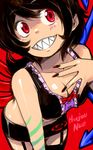  adapted_costume alternate_costume asymmetrical_wings black_hair breasts brown_hair cleavage garter_straps grin houjuu_nue medium_breasts midriff nail_polish open_mouth oso_(toolate) red_eyes sharp_teeth short_hair smile solo tattoo teeth thighhighs touhou wings 