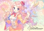  2011 :d atelier_(series) atelier_meruru bird bird_on_hand blue_eyes blush bow breasts capelet cleavage cockatiel colorful copyright_name crown half_updo hands long_hair medium_breasts merurulince_rede_arls mini_crown open_mouth parrot pink_hair red_bow santa_matsuri skirt smile solo yellow_skirt 