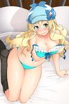  aqua_bra aqua_panties bed bed_sheet blonde_hair blush boots bow bow_bra bra breast_hold breasts cabbie_hat cordelia_glauca from_above green_eyes hat hat_bow highres kazuto_san knee_boots large_breasts legs light_smile lingerie long_hair looking_at_viewer looking_up on_bed panties pillow sitting solo tantei_opera_milky_holmes thighs underwear underwear_only yokozuwari 
