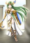  absurdres green_eyes green_hair highres jewelry kid_icarus long_hair lots_of_jewelry nintendo off_shoulder official_art palutena shield thighhighs tiara very_long_hair 