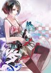  a.r.k black_eyes black_hair black_legwear breasts bug butterfly checkered checkered_background cleavage dogs:_bullets_&amp;_carnage dress fuyumine_naoto insect katana medium_breasts scar short_hair solo sword thighhighs weapon zettai_ryouiki 