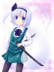  bad_id bad_pixiv_id black_legwear blue_eyes blush bow bowtie ghost green_skirt hair_ribbon hitodama katana konpaku_youmu konpaku_youmu_(ghost) minato0618 pantyhose petals ribbon scabbard sheath sheathed shimamura_youmu shirt short_hair silver_hair skirt smile solo sword touhou weapon 