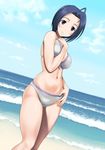  absurdres ahoge beach bikini blue_hair breasts day highres idolmaster idolmaster_(classic) light_smile long_hair medium_breasts miura_azusa muhi11234 navel outdoors purple_eyes sand skindentation solo swimsuit water 