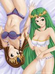  2 2_girls 2girls absurdres bikini green_eyes green_hair highres jewelry kid_icarus long_hair nintendo off_shoulder official_art palutena pant pantie panties shield thighhighs tiara two very_long_hair 