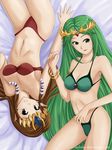  2 2_girls 2girls absurdres bikini green_eyes green_hair highres jewelry kid_icarus long_hair nintendo off_shoulder official_art palutena pant pantie panties shield thighhighs tiara two very_long_hair 