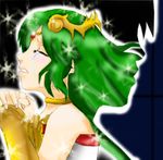  absurdres green_eyes green_hair hands_clasped highres jewelry kid_icarus long_hair nintendo off_shoulder official_art palutena shield silhouette tears thighhighs tiara very_long_hair 