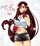  brown_eyes brown_hair earrings female final_fantasy final_fantasy_vii fingerless_gloves gloves jewelry long_hair midriff miniskirt red_gloves skirt solo suspenders tank_top tanktop tifa_lockhart torichiyo_(torinomai) torimeiro very_long_hair 