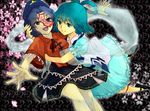  80yakky blue_eyes blue_hair dress fingernails flower hair_ornament hair_rings hair_stick hat jiangshi kaku_seiga miyako_yoshika multiple_girls ofuda open_mouth outstretched_arms pale_skin sharp_fingernails shawl short_hair skirt smile star touhou 