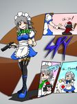  apron baseball_bat black_hair bloodycat cigarette cocked_hammer comic cross crossover gun handgun hat izayoi_sakuya knife maid maid_headdress multiple_girls parody pistol shameimaru_aya silver_hair team_fortress_2 the_scout the_spy thighhighs tokin_hat touhou weapon zettai_ryouiki 