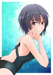 amagami bare_shoulders black_hair closed_mouth competition_swimsuit face hand_on_own_face kishida-shiki looking_at_viewer nanasaki_ai one-piece_swimsuit pink_eyes short_hair smile solo swimsuit 