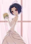  :o ahoge banned_artist bare_shoulders blue_hair blush bouquet bride dress elbow_gloves flower gloves idolmaster idolmaster_(classic) jewelry looking_at_viewer mirai_(macharge) miura_azusa necklace pearl_necklace red_eyes short_hair solo wedding_dress 