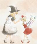  apron black_dress blonde_hair bobby_socks bow closed_eyes doily dress flandre_scarlet grin hand_on_headwear hands_up hat hat_bow hat_tug holding holding_hat kirisame_marisa mary_janes multiple_girls pale_color profile shoes short_sleeves skirt skirt_set smile socks touhou white_bow wings witch_hat yaponne 