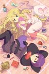  black_flower black_rose blonde_hair bob_cut book bottle bow bracelet breasts cattleya_(pokemon) cleavage dress elbow_gloves elite_four flower glasses gloves green_eyes heart jewelry long_hair medium_breasts multiple_girls pantyhose pearl pen pillow pillow_hug pleated_skirt pohe poke_ball pokemon pokemon_(game) pokemon_bw purple_eyes purple_hair purple_skirt ribbon rimless_eyewear rose shikimi_(pokemon) short_hair skirt very_long_hair 