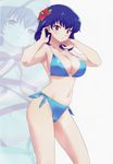  :o absurdres artist_request bikini blue_bikini blue_hair blush breasts cleavage flower hair_flower hair_ornament highres large_breasts minisuka_police_2 navel purple_eyes source_request strap_gap swimsuit zoom_layer 