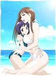  age_difference ass beach bikini blue_hair breasts brown_eyes brown_hair cloud day flat_chest happy height_difference highres hug kamisama_dolls kuga_utao large_breasts long_hair looking_at_viewer multiple_girls ocean open_mouth outdoors sabachiyo_land shiba_hibino short_hair side-tie_bikini sky smile swimsuit water yuri 