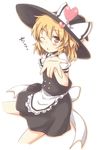  apron black_dress blonde_hair blush braid dress hat heart kirisame_marisa lockheart one_eye_closed open_mouth outstretched_hand red_eyes solo touhou witch_hat 