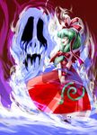  bow front_ponytail green_hair hair_bow hair_ribbon hisame_genta kagiyama_hina long_hair open_mouth ribbon skull solo touhou 