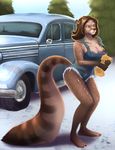  arabesque areola breasts brown_hair canine car civet female folio hair janis mistresssparkles nipples overalls pink_pepper pinup pose solo sponge standing tree wardrobe_malfunction washing wood 