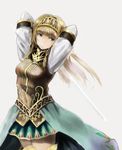  alicia_(valkyrie_profile_2) arms_behind_head arms_up blonde_hair blue_eyes boots hairband long_hair overskirt puffy_sleeves simple_background skirt solo standing sword thigh_boots thighhighs valkyrie_profile valkyrie_profile_2 weapon white_background yammy_(cellblo) zettai_ryouiki 