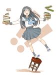  1girl :o balancing book falling green_hair holding holding_book long_hair open_mouth original outstretched_arms pleated_skirt school_uniform serafuku shoes skirt solo spread_arms stool tko_(kkk66) uwabaki 