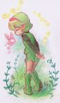  arms_behind_back bad_id bad_pixiv_id boots closed_eyes fairy from_behind grass green_footwear green_hair hairband hands lowres nak-a plant pointy_ears saria short_hair shorts smile solo the_legend_of_zelda the_legend_of_zelda:_ocarina_of_time traditional_media 