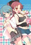  bad_id bad_pixiv_id blue_eyes blue_hair dressing egg food honami_yuu mahou_shoujo_madoka_magica miki_sayaka multiple_girls navel panties red_eyes red_hair sakura_kyouko short_shorts shorts skirt toast underwear 