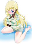  barefoot between_breasts blonde_hair blue_eyes blush bottle breasts drunk eyebrows k-on! kotobuki_tsumugi long_hair loungewear shuryoudan_bunny-bu sitting solo striped striped_sweater sweater wariza 