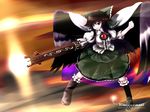  alternate_weapon arm_cannon black_hair blouse bow cape firing long_hair muzzle_flash open_mouth parody red_eyes reiuji_utsuho skirt smile solo style_parody third_eye touhou tsubasa_(abchipika) weapon wings 