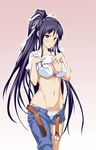  asymmetrical_clothes belt black_hair blush bra breasts cleavage hair_ribbon highres kadou kanzaki_kaori large_breasts lingerie long_hair midriff panties purple_eyes ribbon shirt_lift side-tie_panties single_pantsleg solo to_aru_majutsu_no_index underwear unzipped 